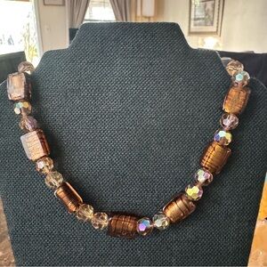 VTG Elgnt Earth Glass Beaded Rectangle Tube Crystal Faceted Rnd Chk Necklace 19”